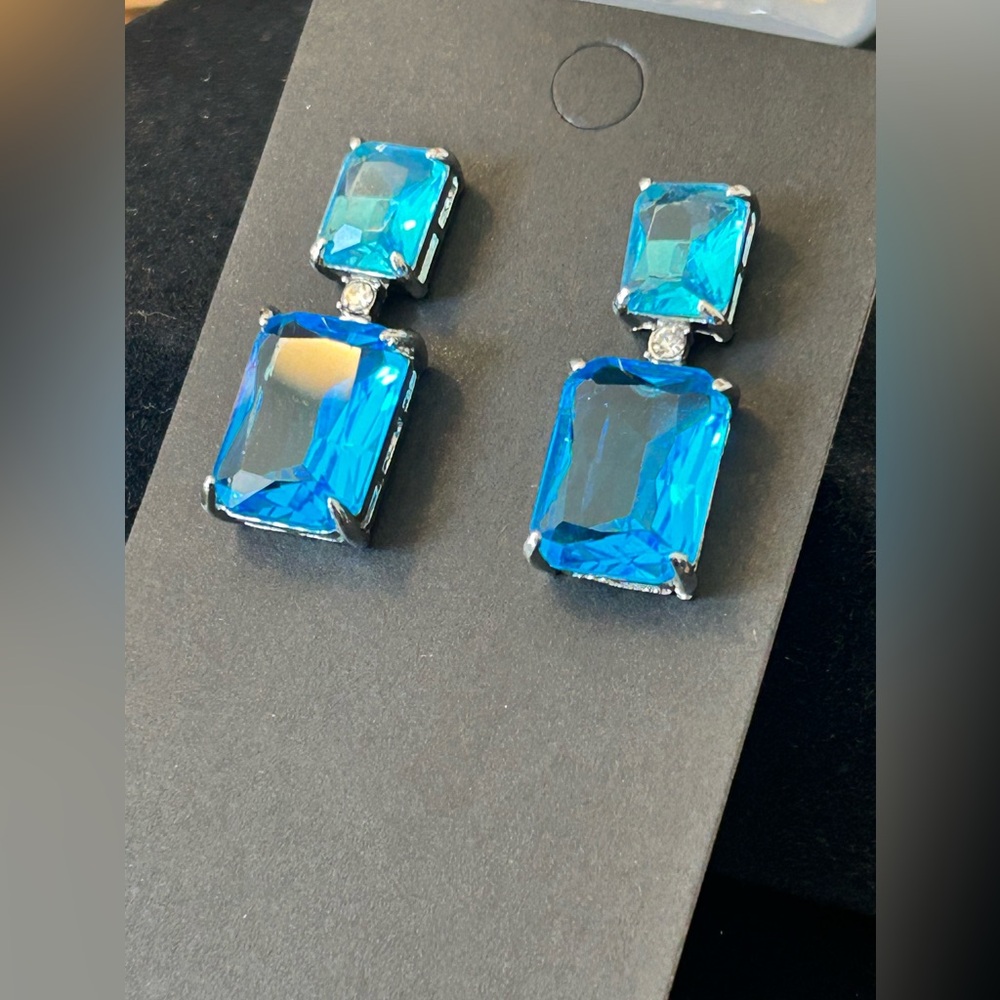 #458 - Blue Rectangular Rhinestone Post Dangle Earrings - Picture 7 of 7